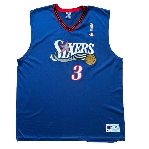 Vintage 90s Allen Iverson #3 Philadelphia 76ers Champion Blue Jersey Size L 48 - Picture 1 of 9